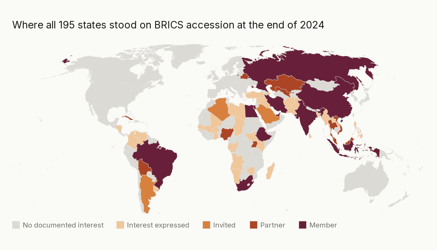 World map shading each state by BRICS status at the end of 2024: no documented interest, interest expressed, invited, partner, or member.
